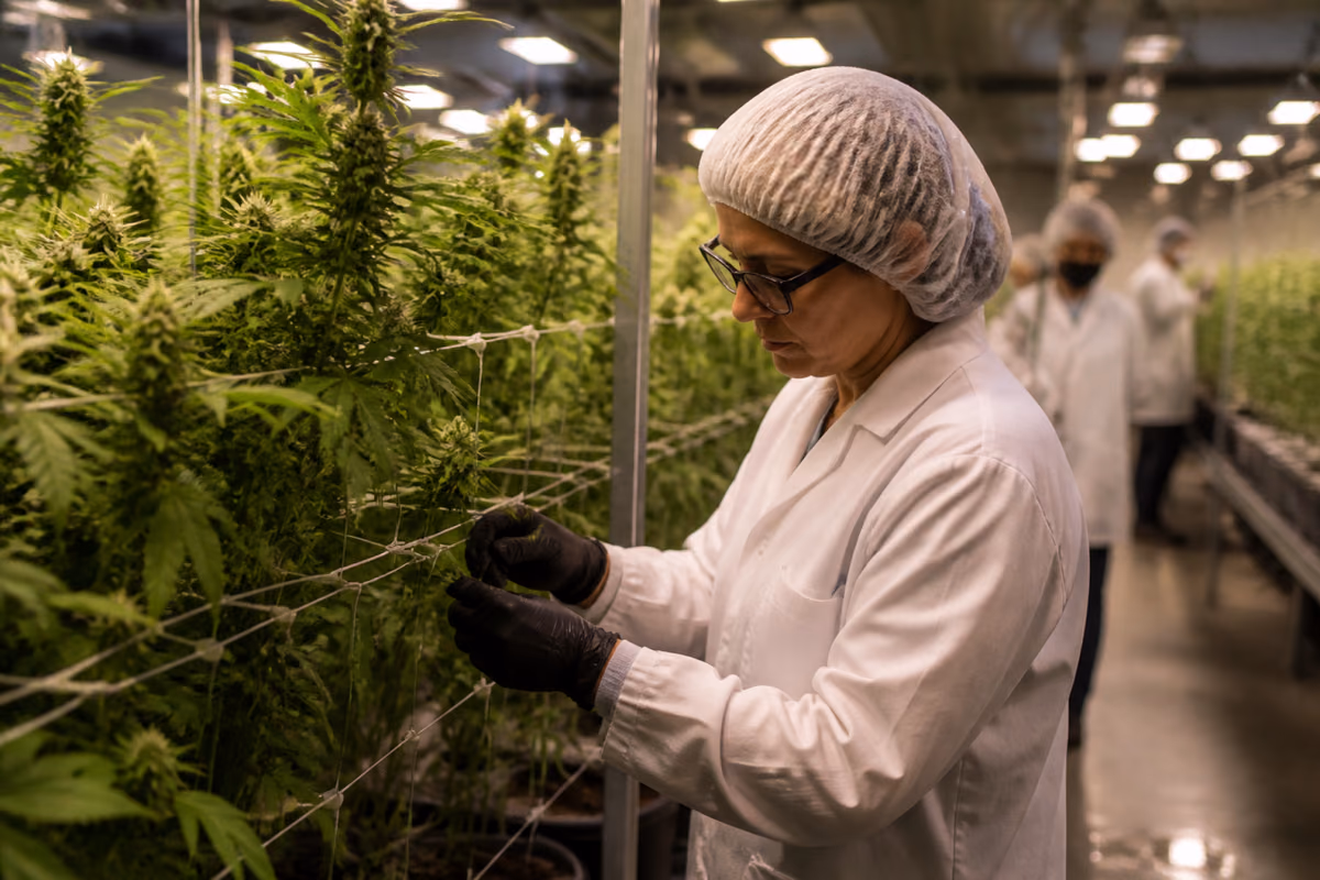 Mitarbeiterin in Laborkittel und Haarnetz prüft Cannabis-Pflanzen in einer Indoor-Anbauanlage