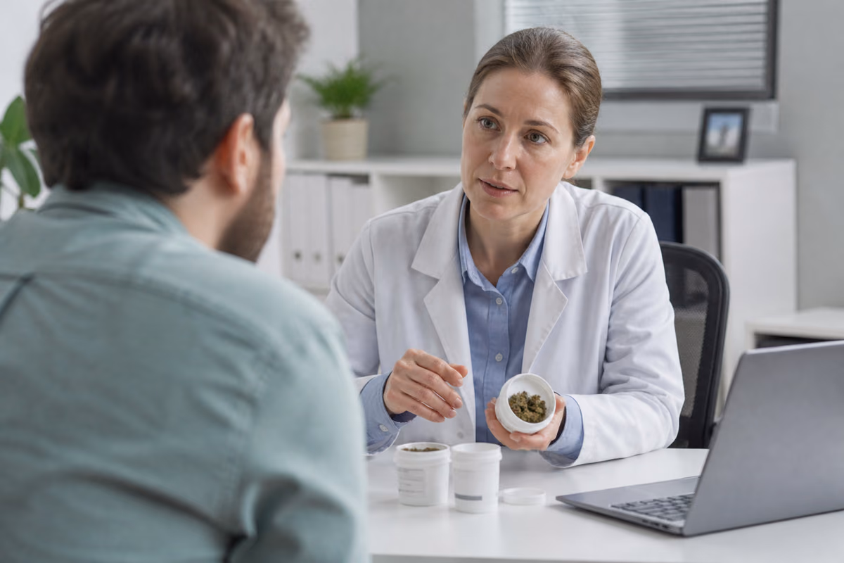 Ärztin im weißen Kittel hält eine Dose mit Cannabisblüten und spricht mit einem Patienten am Schreibtisch